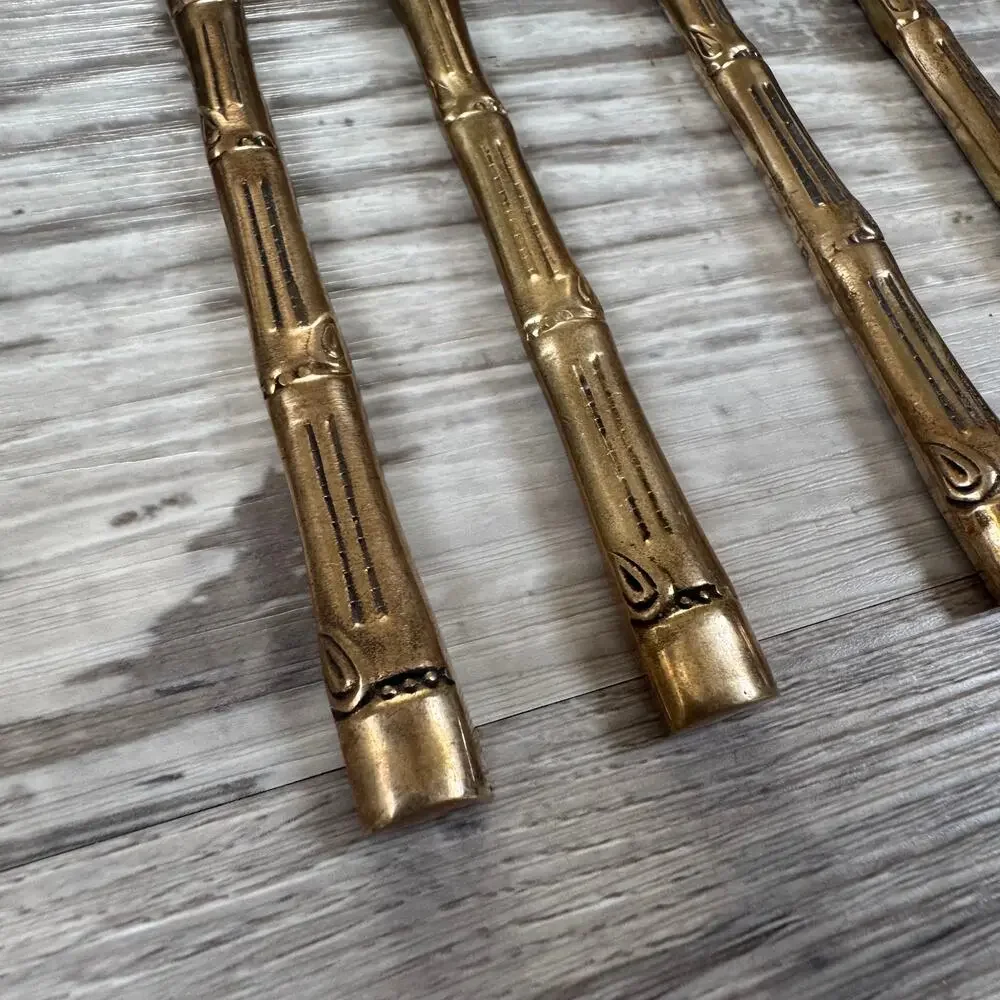 Vintage Gold Bamboo Handle Steak Knives Set 7 Flatware Retro Dining